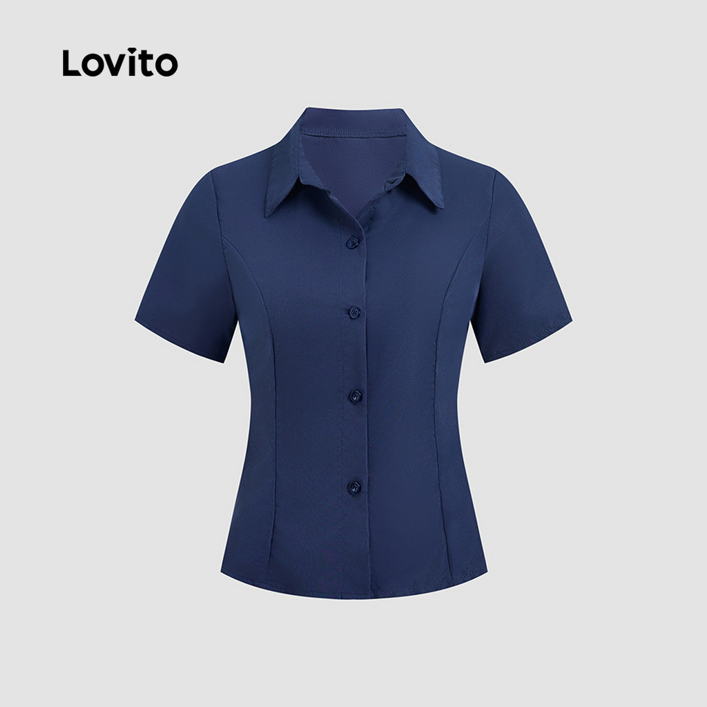 Detalhes do Lovito Blusa Casual Botões Simples Primavera/Verão Azul Marinho Blusa Evangélica Mulheres LBL29155