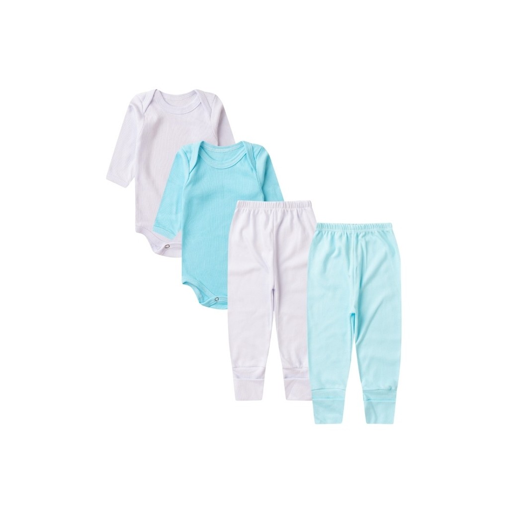 Kit Bebê (4 Peças) Body Mijão Canelado Branco e Turquesa (PREMATURO) - Bebê Fofuxo