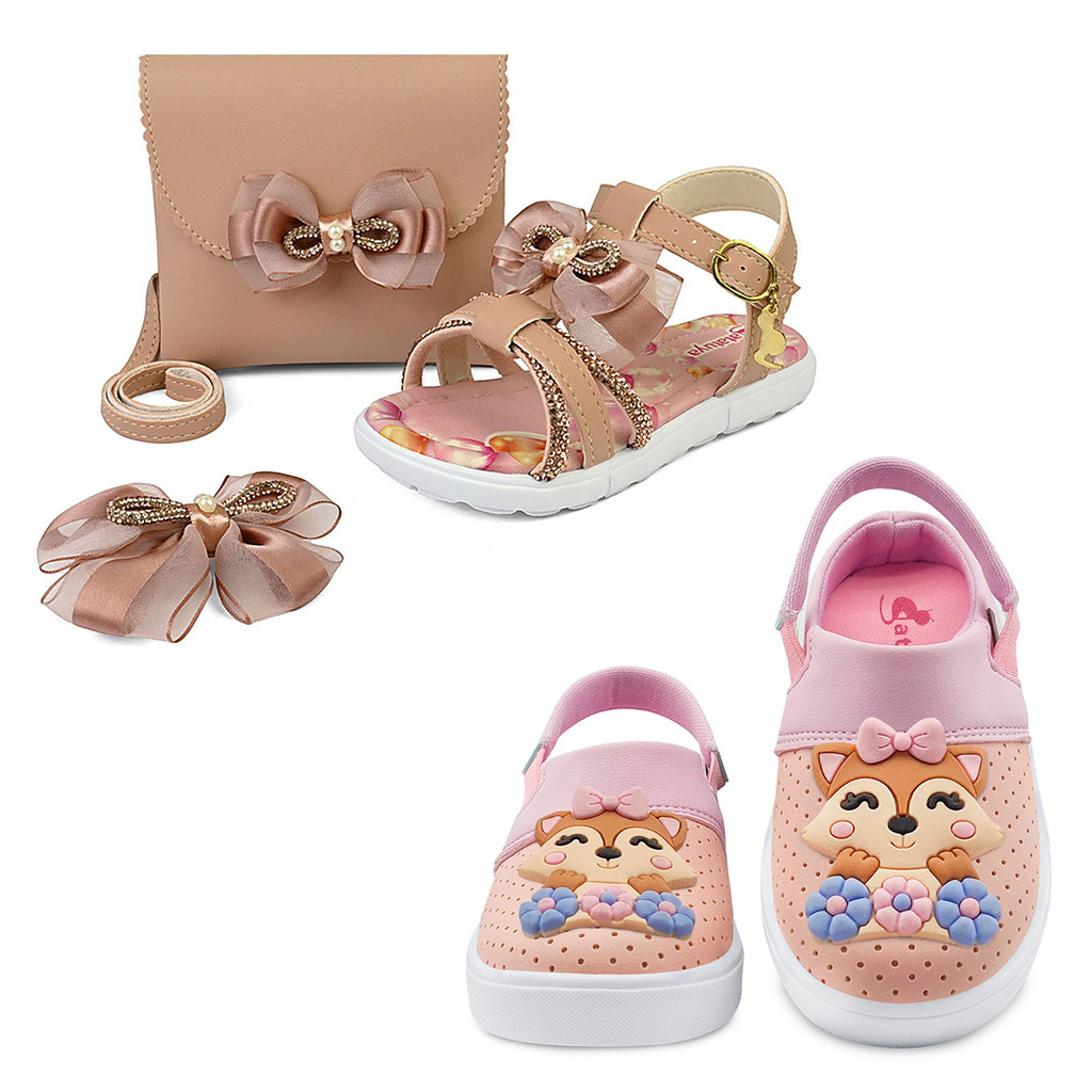 Kit 2 pares Sandália Menina Laço Brilho Com Bolsa E Babuche Infantil Raposa Lolikids