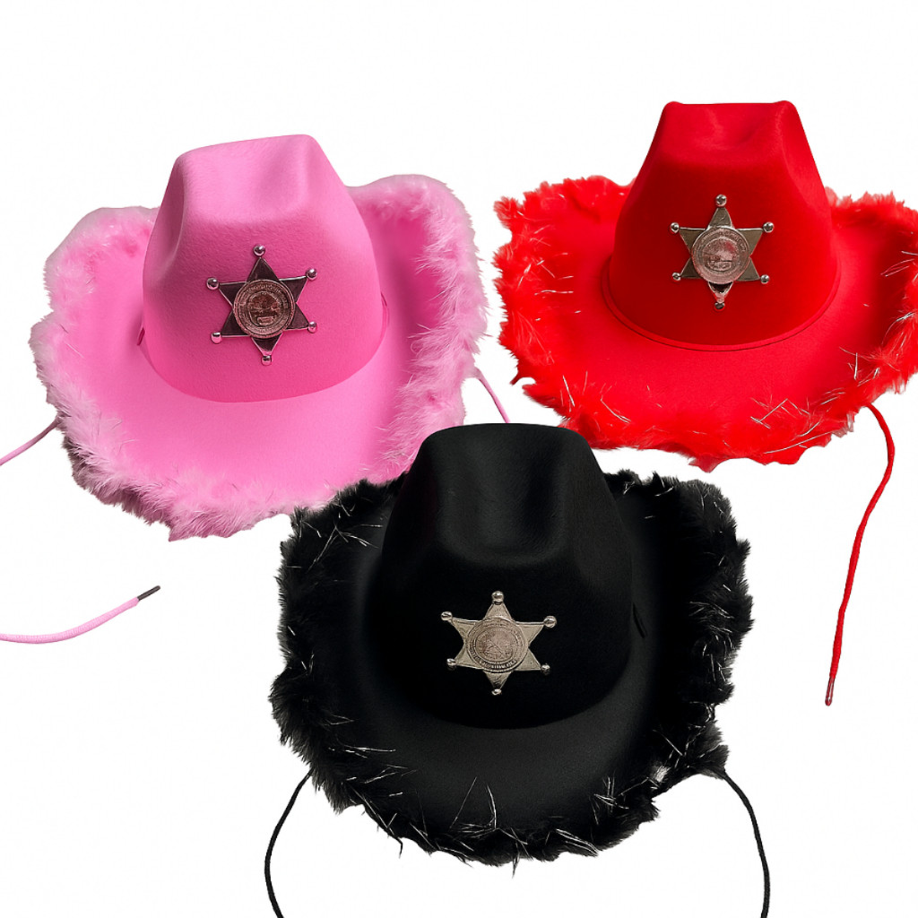 Chapéu Cowboy Xerife Boiadeira Pluma Preto Vermelho Rosa Fantasia Cosplay Rodeio em Oferta na Shopee