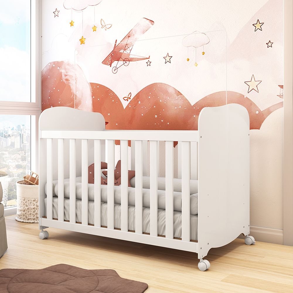 Berço Americano 100% MDF com Rodízios Mimo Espresso Móveis Branco Brilho em Oferta na Shopee