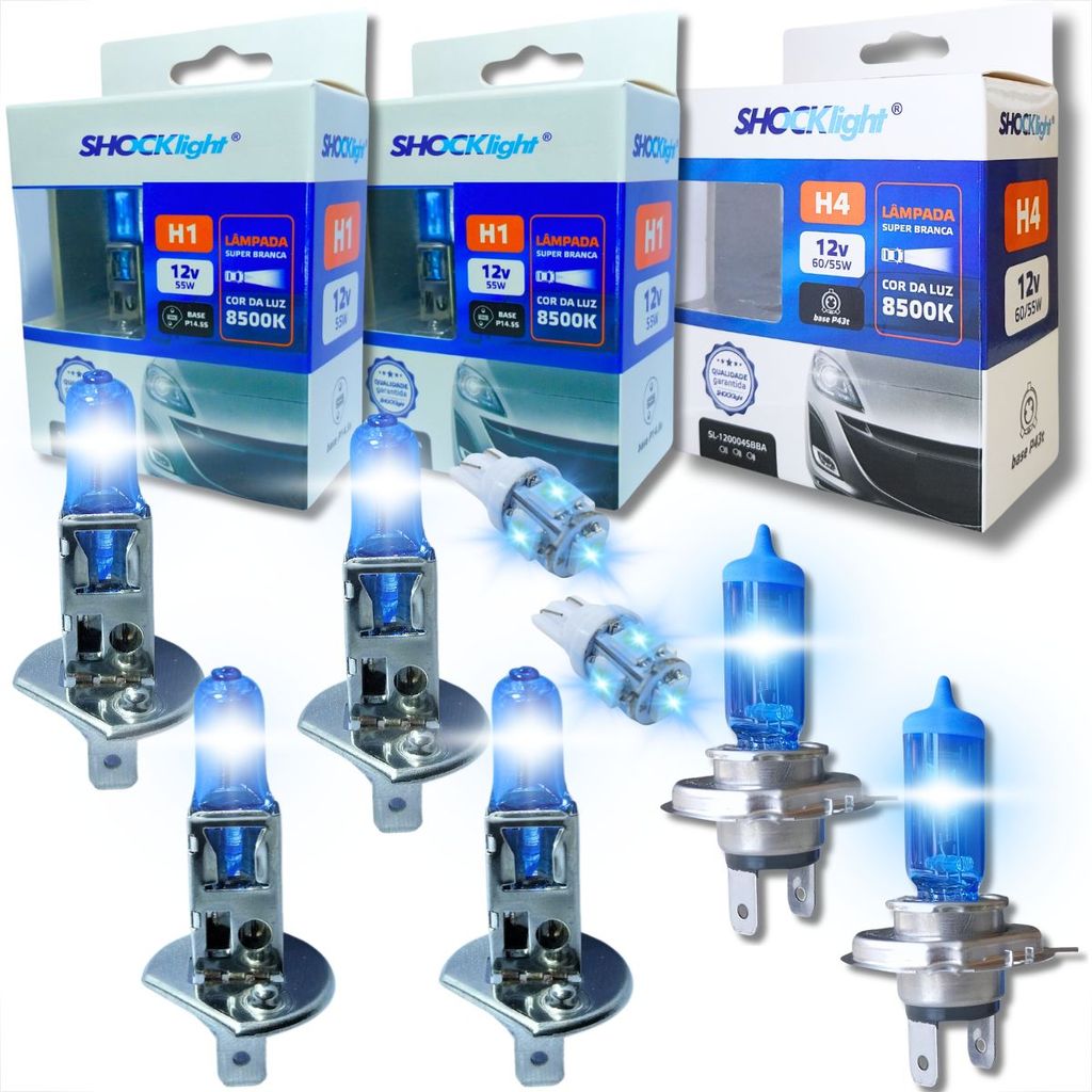 KIT SUPER BRANCA SHOCKLIGHT H1 H1 H4 + T10 LED PARA FAROL AUTOMOTIVO ALTA BAIXA MILHAS E LANTERNA