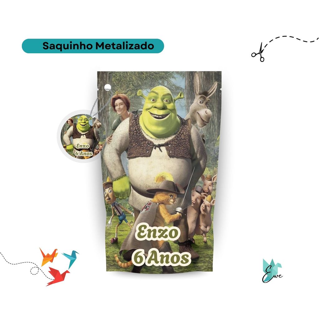 Saquinho Metalizado Sherek 12x19 Personalizado - Lembrancinha Aniversário | Saquinho Surpresa