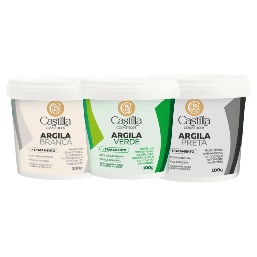 Kit 3 Argilas Castilla 100g | Verde, Branca e Preta – Controle de Oleosidade, Detox e Revitalização