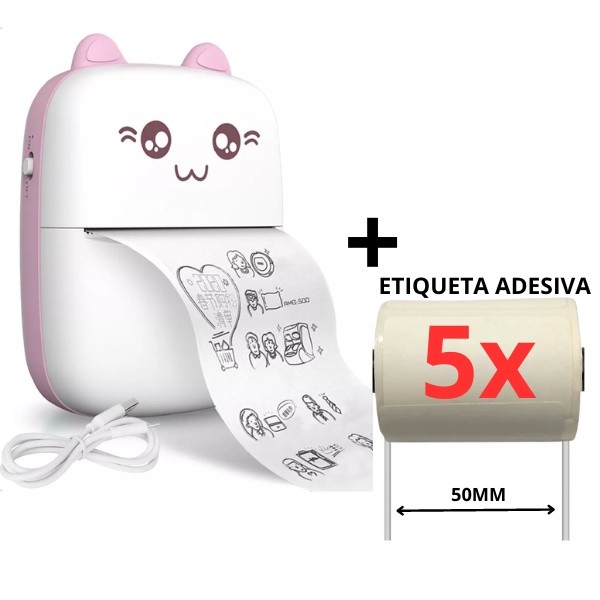 Mini impressora bluetooth foto gato + 5 rolos de etiqueta