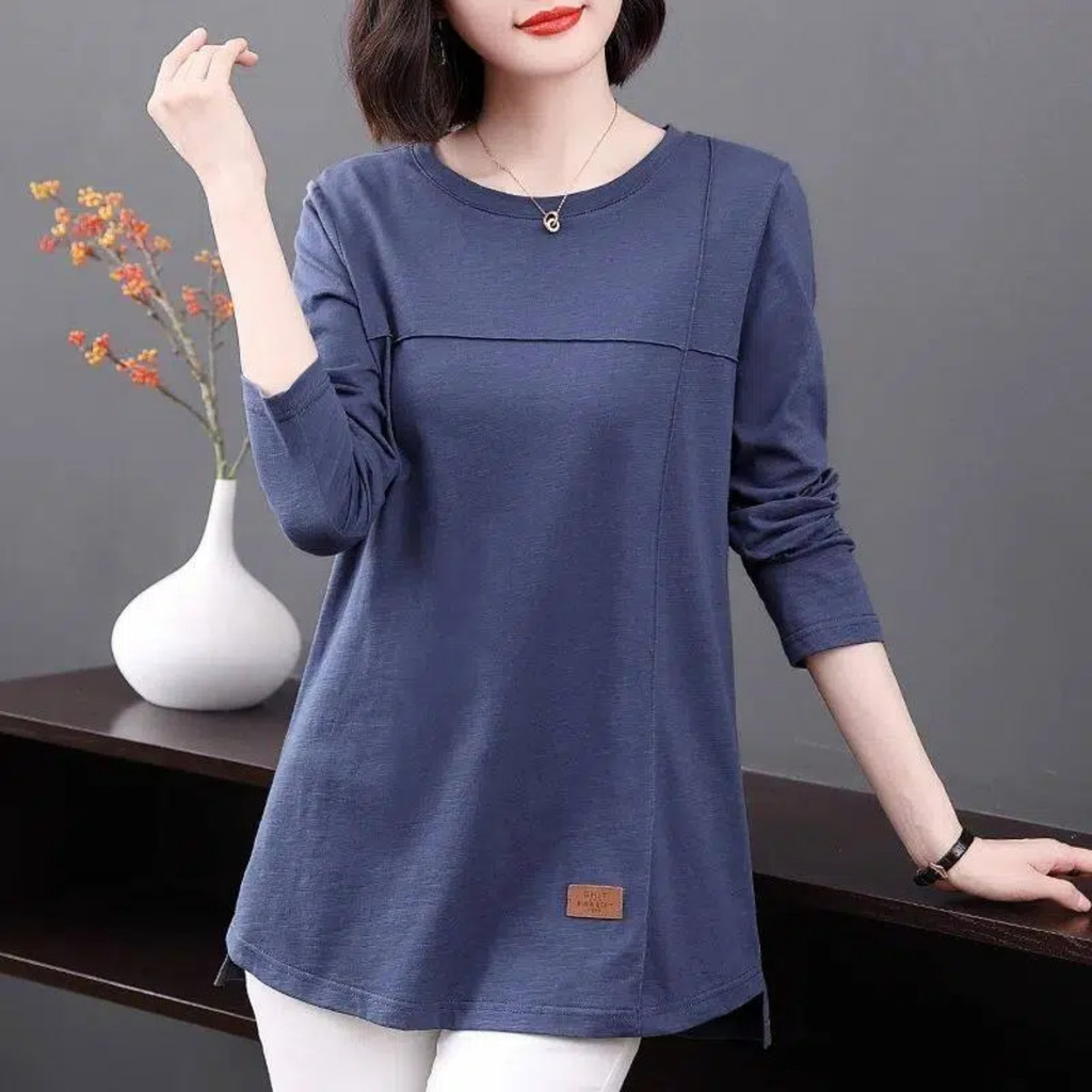 Camiseta de manga comprida feminina primavera outono novo estilo Commuter solto tamanho grande gordura mm comprimento mé