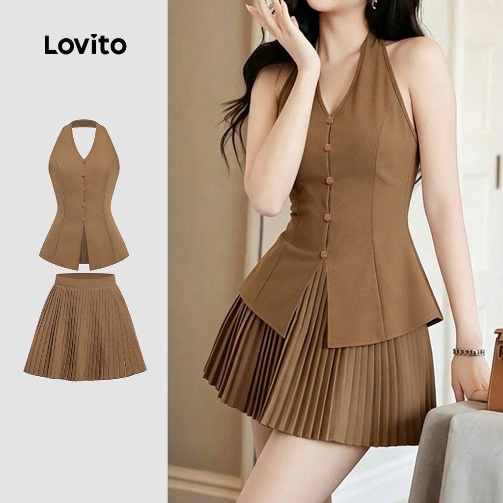 Lovito Plissada Elegantes Tops ou Calças Pregas para O Dia a Dia Primavera/verão