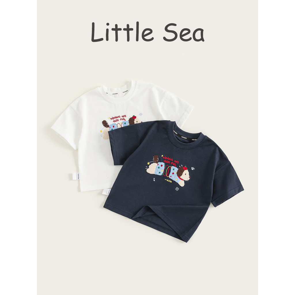 Verão puro algodão dos desenhos animados bonito bordado crianças de manga curta topo meninas meninos camiseta moda meia 
