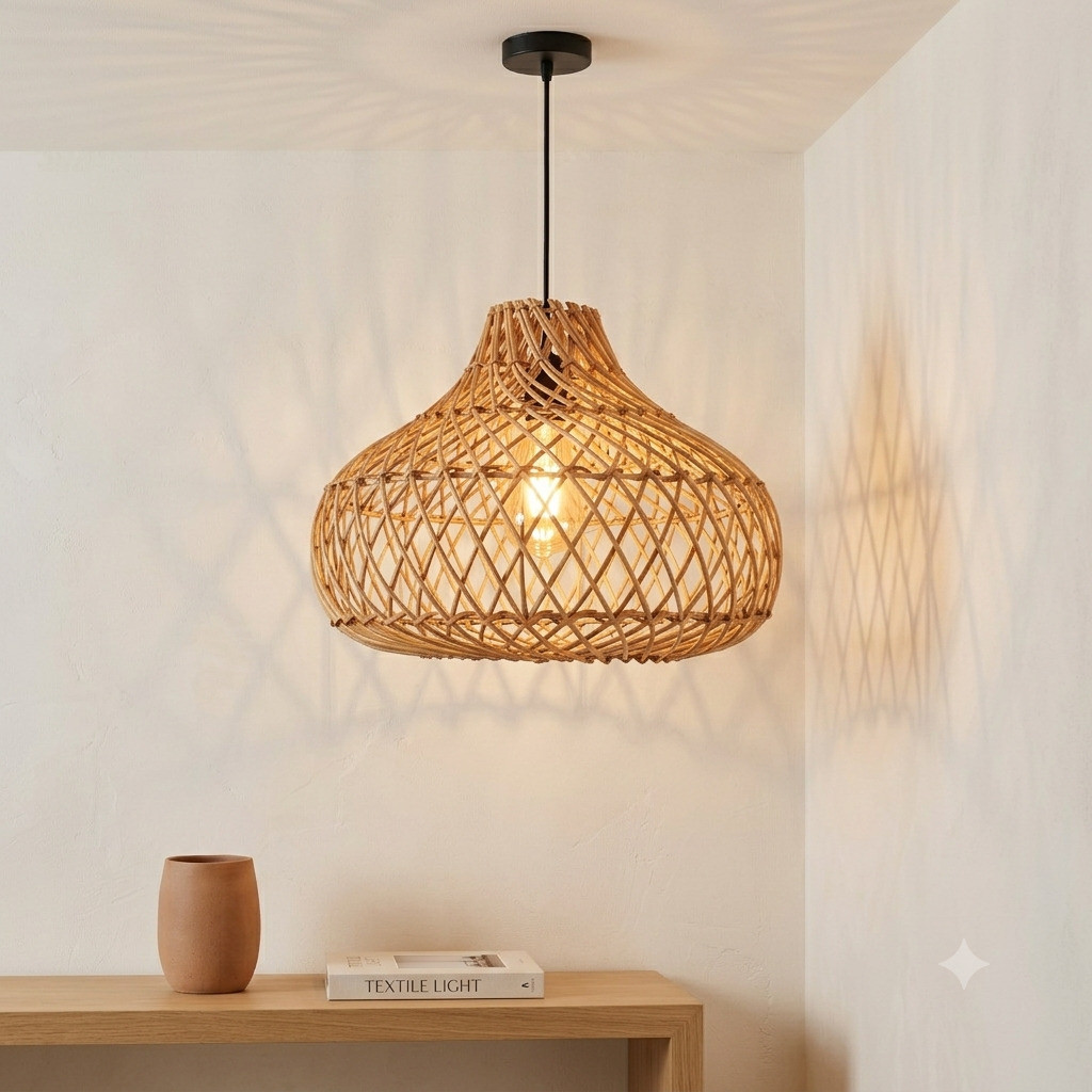 Luminárias de Teto Lustre Pendente Rattan Fee Utilidades Ipanema Rústico 36cm