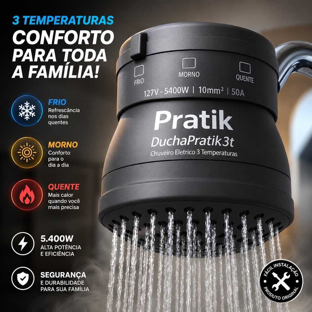 Chuveiro Elétrico Pratik Ducha 3T Preto / Branco 127V / 220V 5400W – 3 Temperaturas