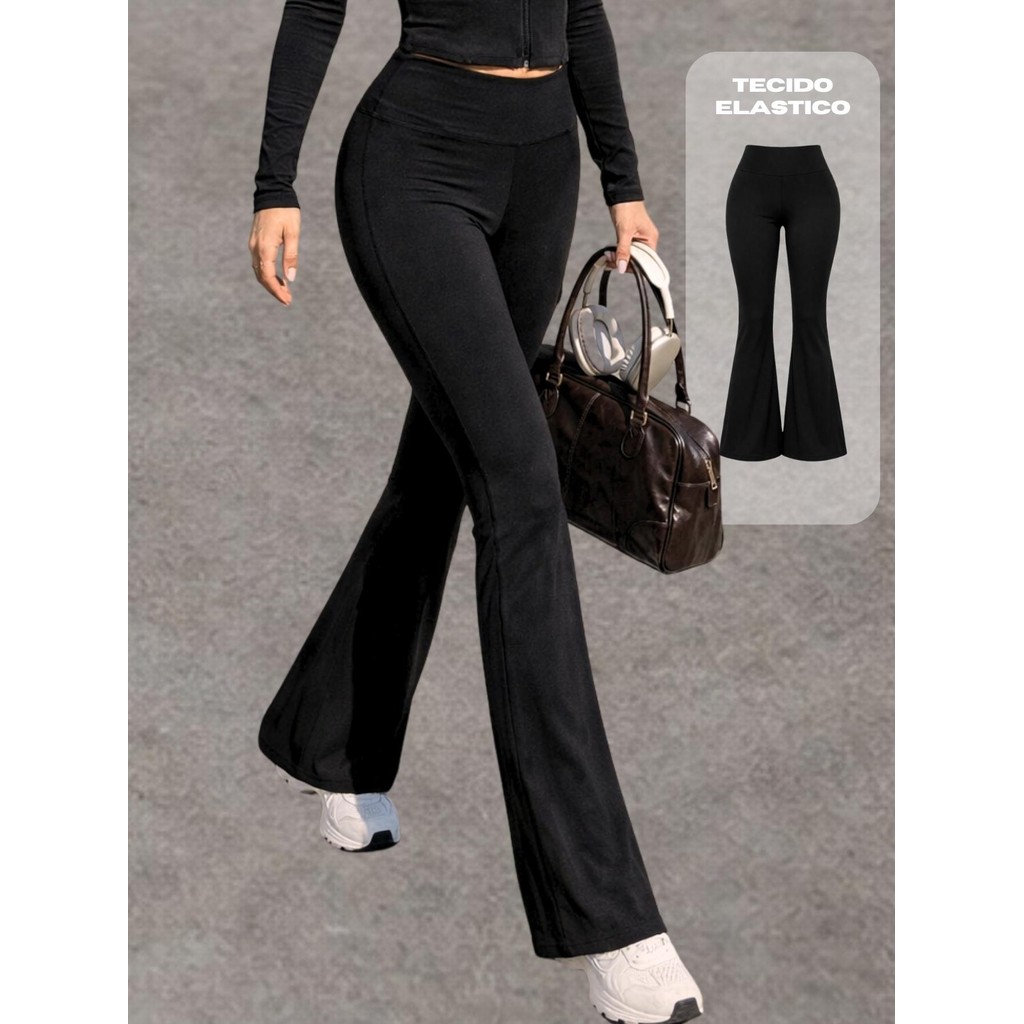 Calça Flare Fitness Feminina Cós Alto Suplex Grosso Modeladora Não Transparente Bailarina Academia