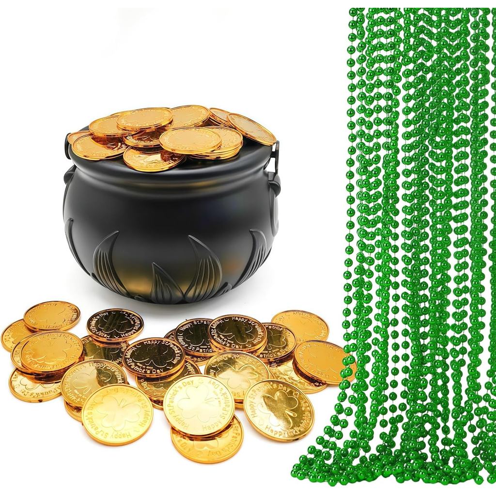 Conjunto de 119 Peças de Acessórios para Festa do Dia de São Patrício, Caldeirão Preto, 100 Moedas Falsas de Plástico co