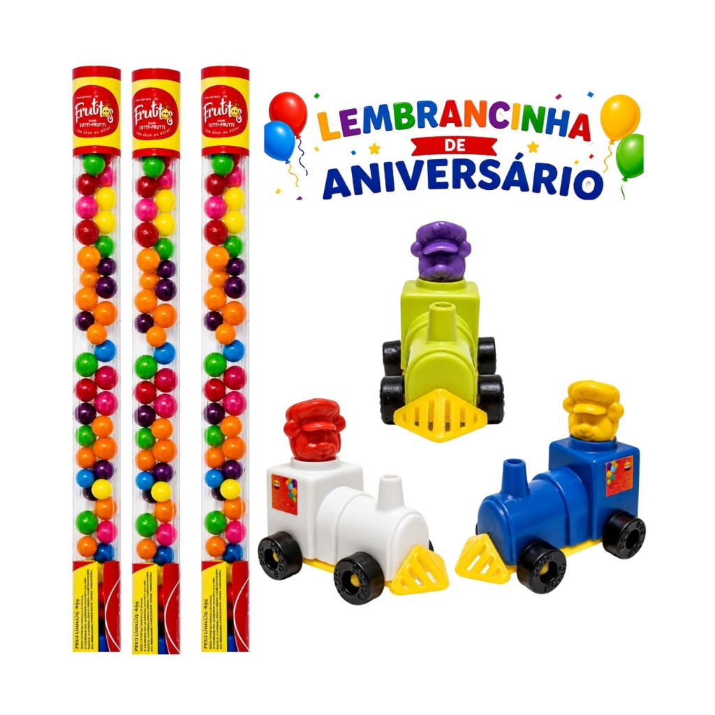 Kit 20 Itens (Tubinhos Balinhas Doce + Mini Trem Cartoon) Lembrancinha aniversário Festa Infantil