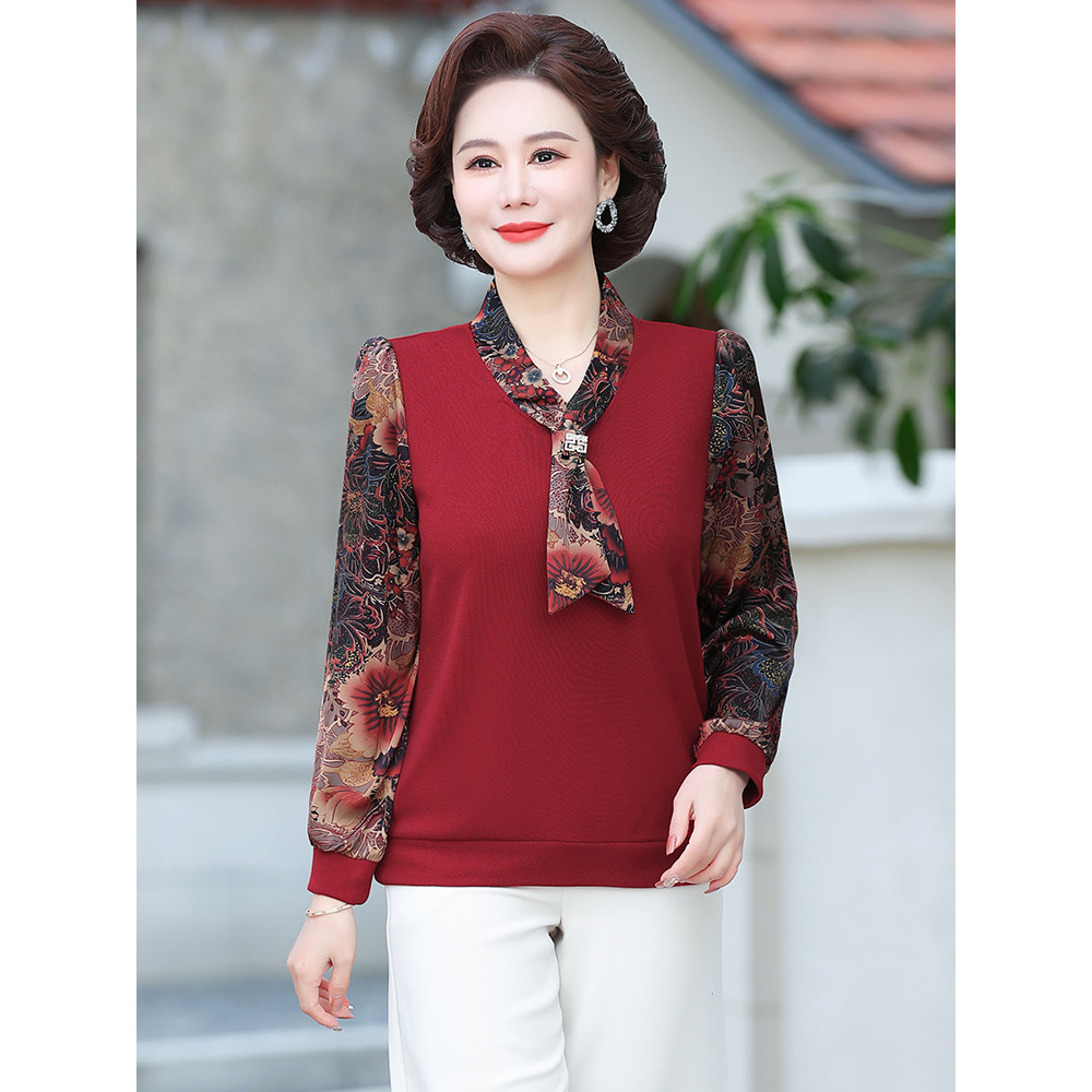 Mãe primavera camiseta de manga comprida topo 50 anos de idade mulheres de meia-idade estilo ocidental camisa pequena de