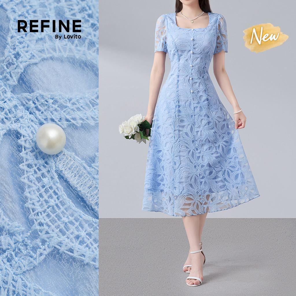 (New Arrival) (Refine by Lovito) Vestido Elegante Camadas Duplas Jacquard Azul Primavera/Verão LR41A107