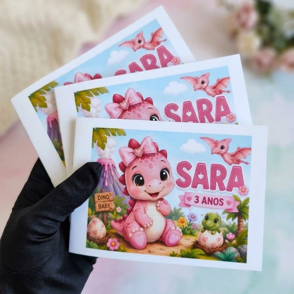 Mini Livro de Colorir Infantil de Dinossauro Menina Personalizado | Lembrancinha para Festa