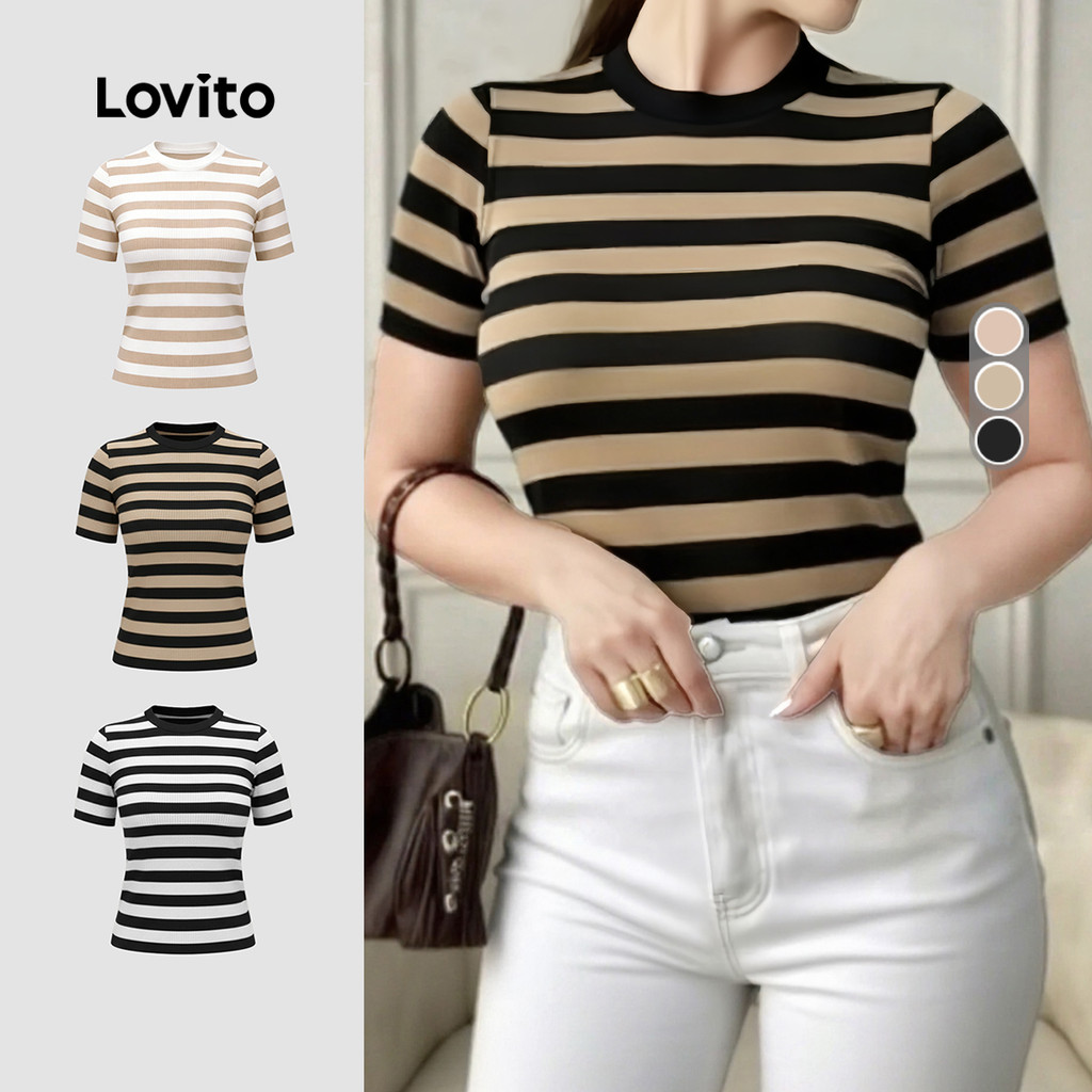 Lovito Camiseta Casual Tshirt de Lazer Clássica e Versátil para Mulheres Adequad