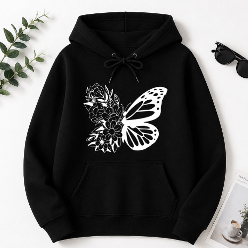 Blusa de Frio Moletom Feminino Borboleta Floral Flanelado Com Capuz Estampado Inverno Grosso Premium Confortável