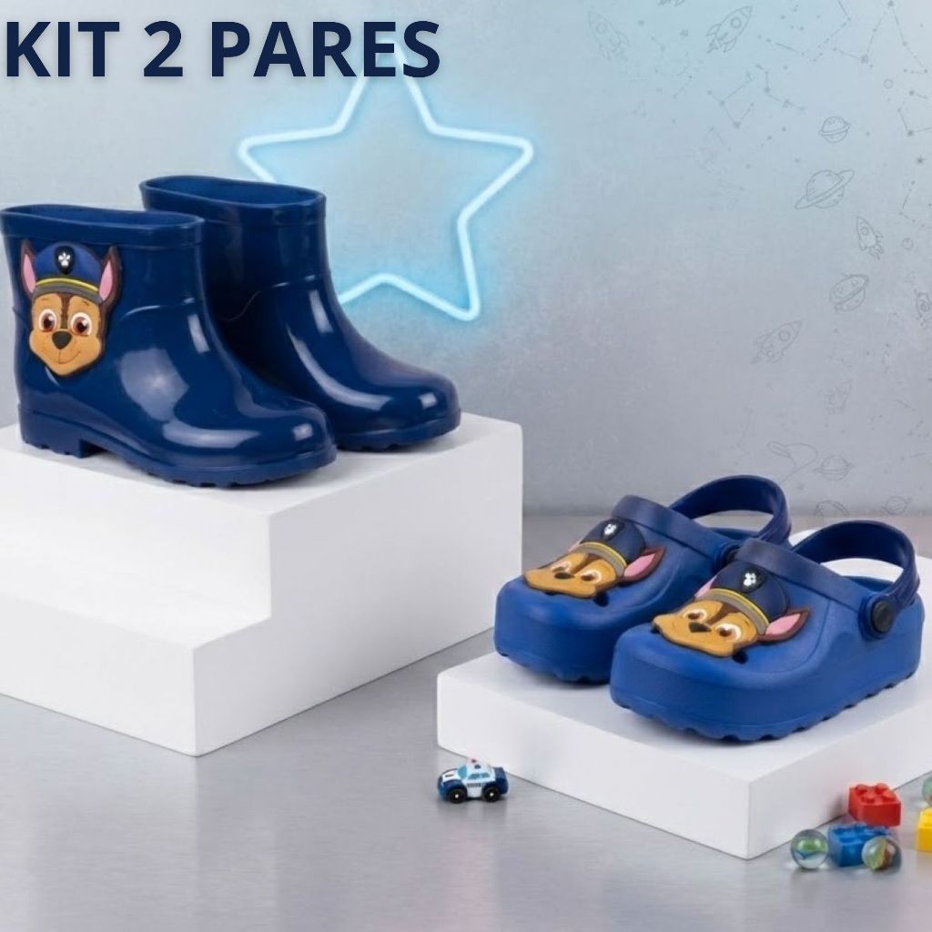 Kit 2 Pares Babuche + Galocha Infantil Menino Patrulha Masculina Original Divertida Promoção
