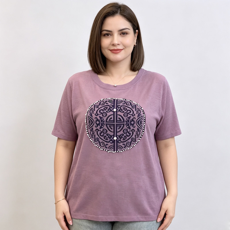 [Roupas femininas plus size] Camiseta Casual solta 50kg pode usar 1-150kg Roupas femininas plus size Camiseta de seda ge