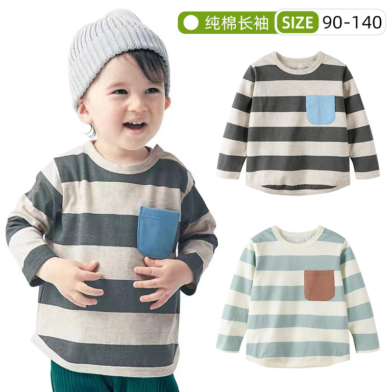 Exportar roupas infantis japonesas primavera verão estilo meninos camiseta de manga comprida listrada camisa de fundo de
