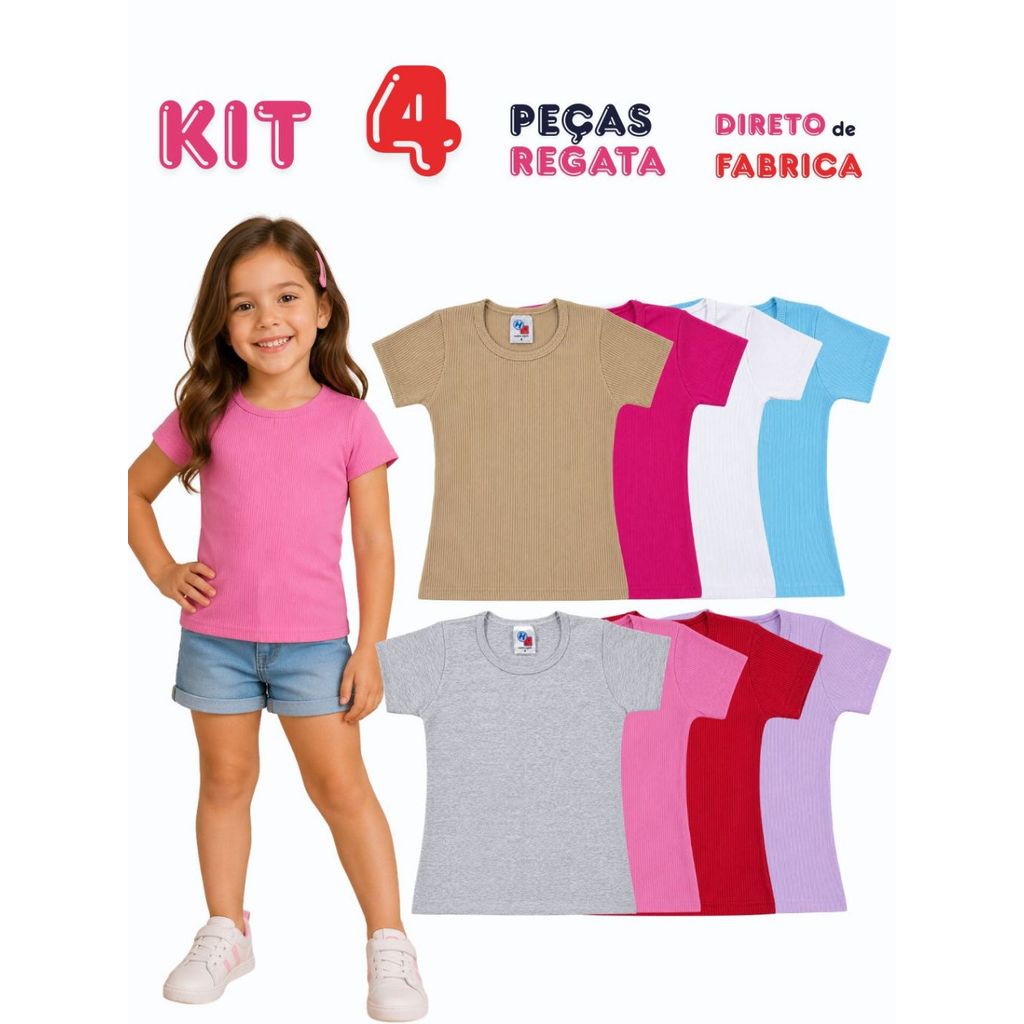 Kit 4 Blusas Manga Curta Infantil Menina Ribana Algodão Básica Tamanho 1 ao 14 Cores Sortidas