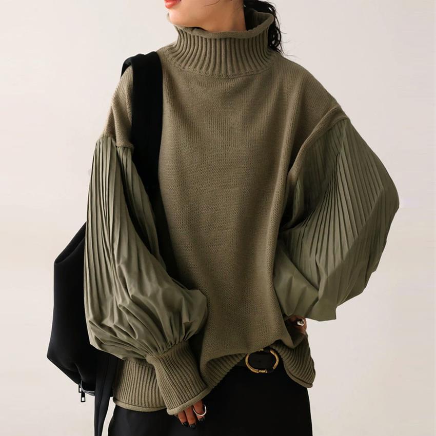 Estilo americano outono inverno comércio exterior feminino gola alta costura mangas plissadas femininas soltas Casual fe