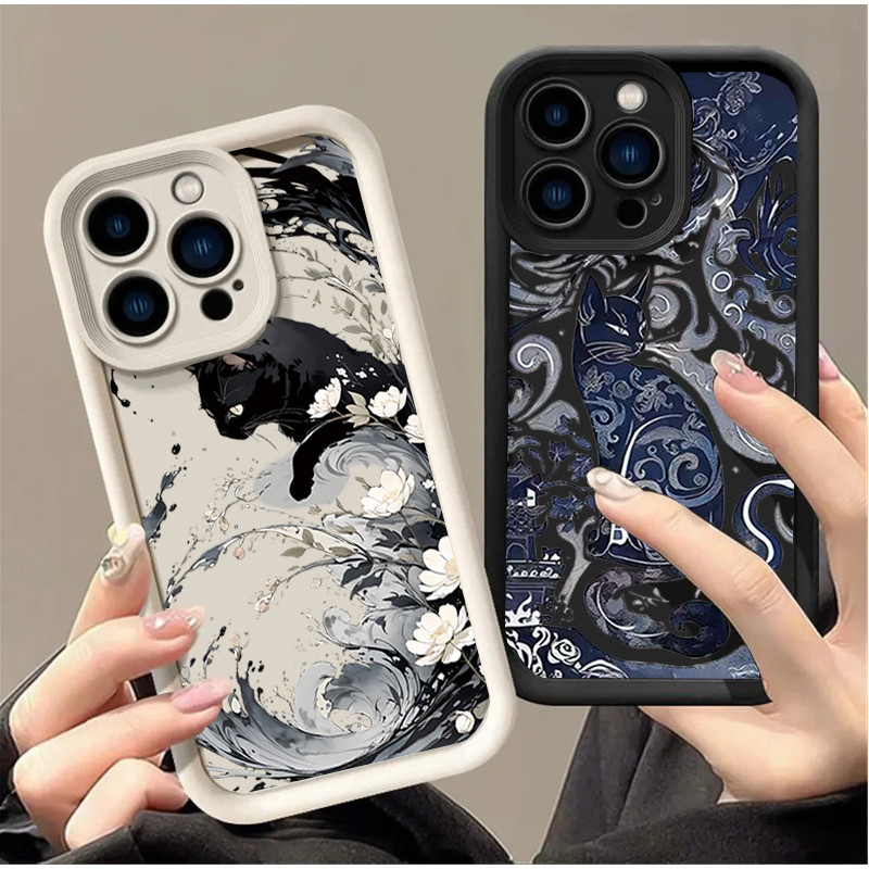 Capa Artística De Gato Com Flor De Vórtice Para Samsung A57 A56 A55 A17 A07 A16 A15 A27 A54 A06 A35 A23 A14 A53 A13 A12 