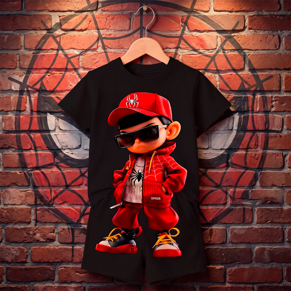 Conjunto Menor Marrento Camiseta + Bermuda Spider Estiloso Camiseta Bermuda Infantil Juvenil Estampado 100% Algodão