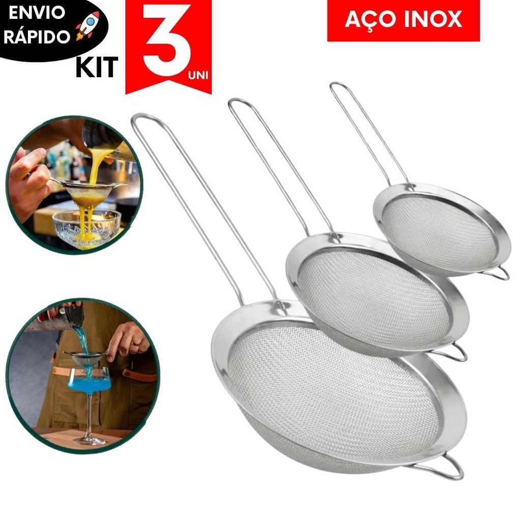 Kit Utilidades Utensílios de Cozinha Peneiras Escorredor de Alimentos Coador Preparador de Sucos Aço Inoxidável Multiuso