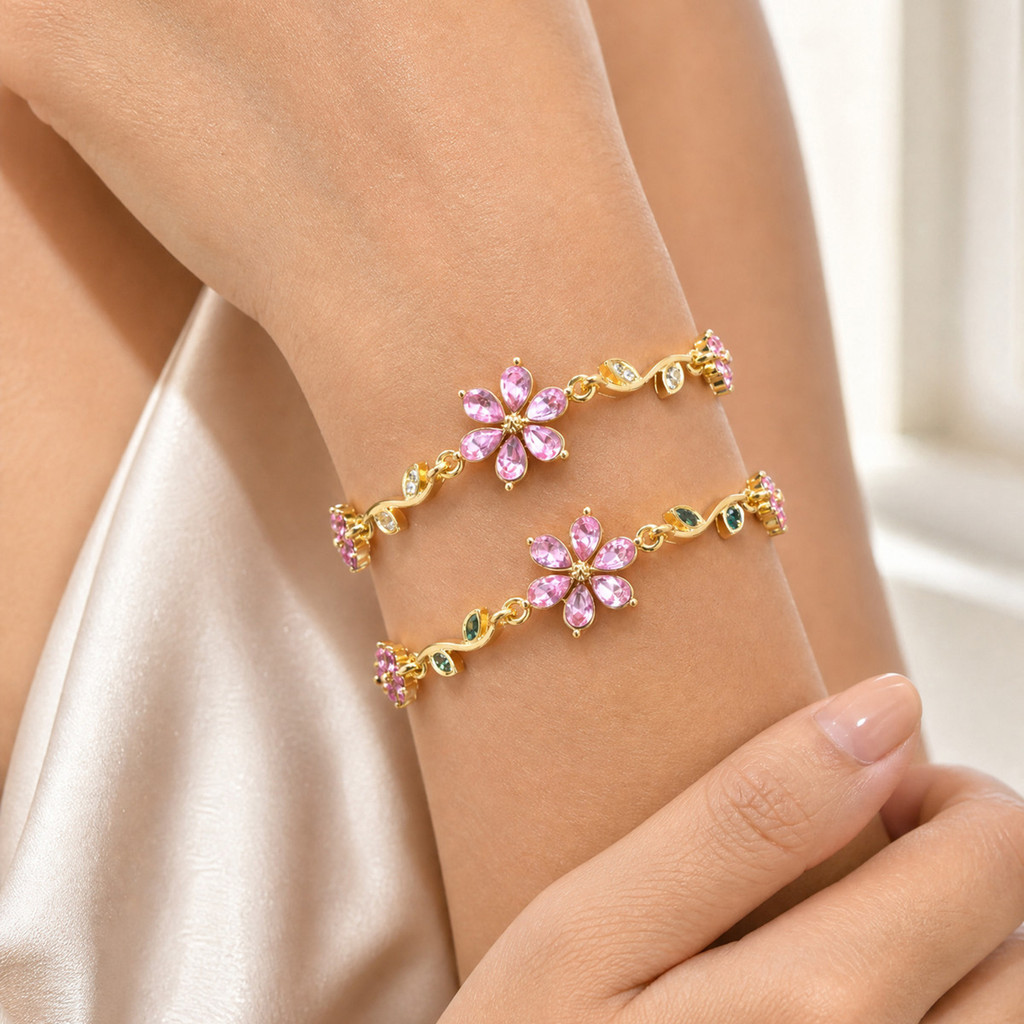 Pulseira Feminina Vnox Banhada A Ouro Folha Verde Rosa CZ Flor De Cinco Pétalas – Joias Florais Doces Para Uso Diário · foto 2
