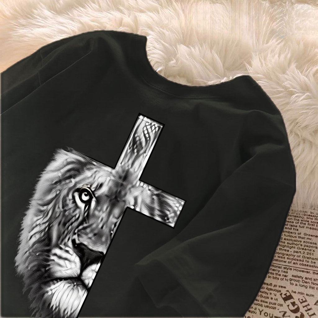 [Camiseta Premium Algodão]JOJO Camiseta Feminina Oversized Streetwear, Com Estampa de Leão e Cruz, Algodão 100%, Estilo 