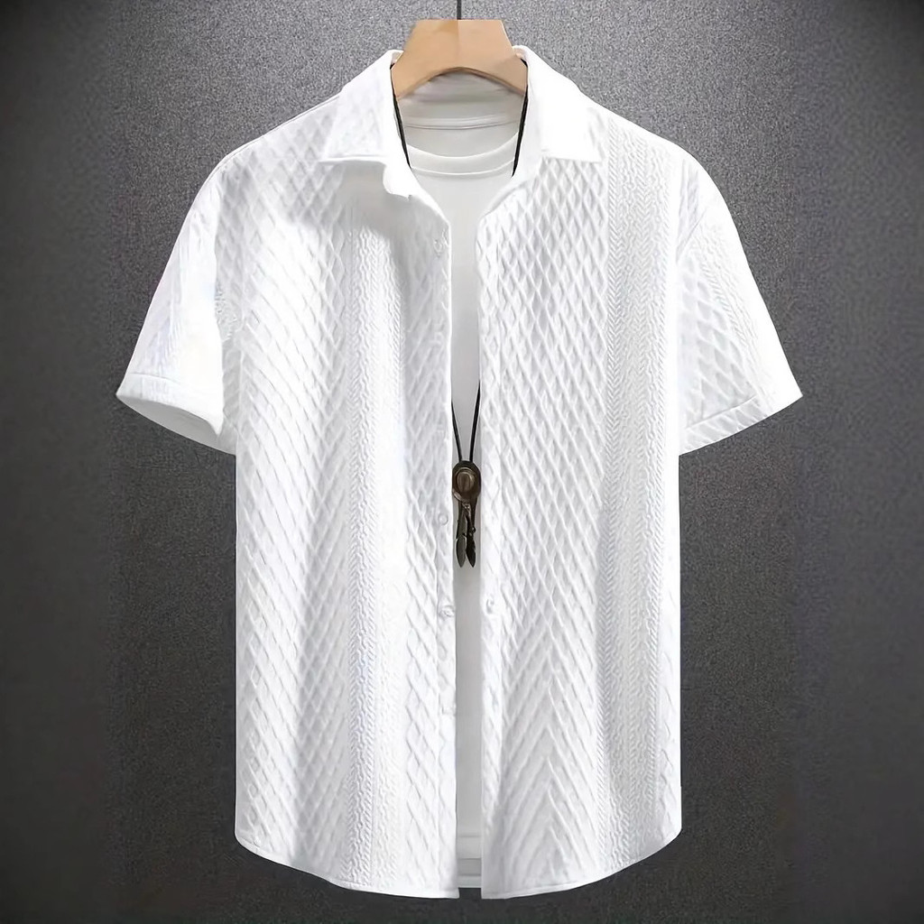 Camisa masculina de lapela de manga curta de cor sólida Jacquard Casual camisa de manga curta