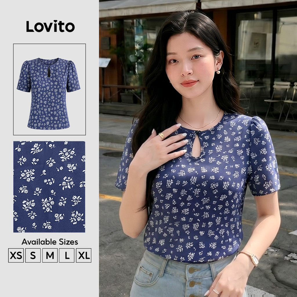 Lovito Casual Blusa com Recorte para Primavera/verão Blusa Feminina Azul Marinho