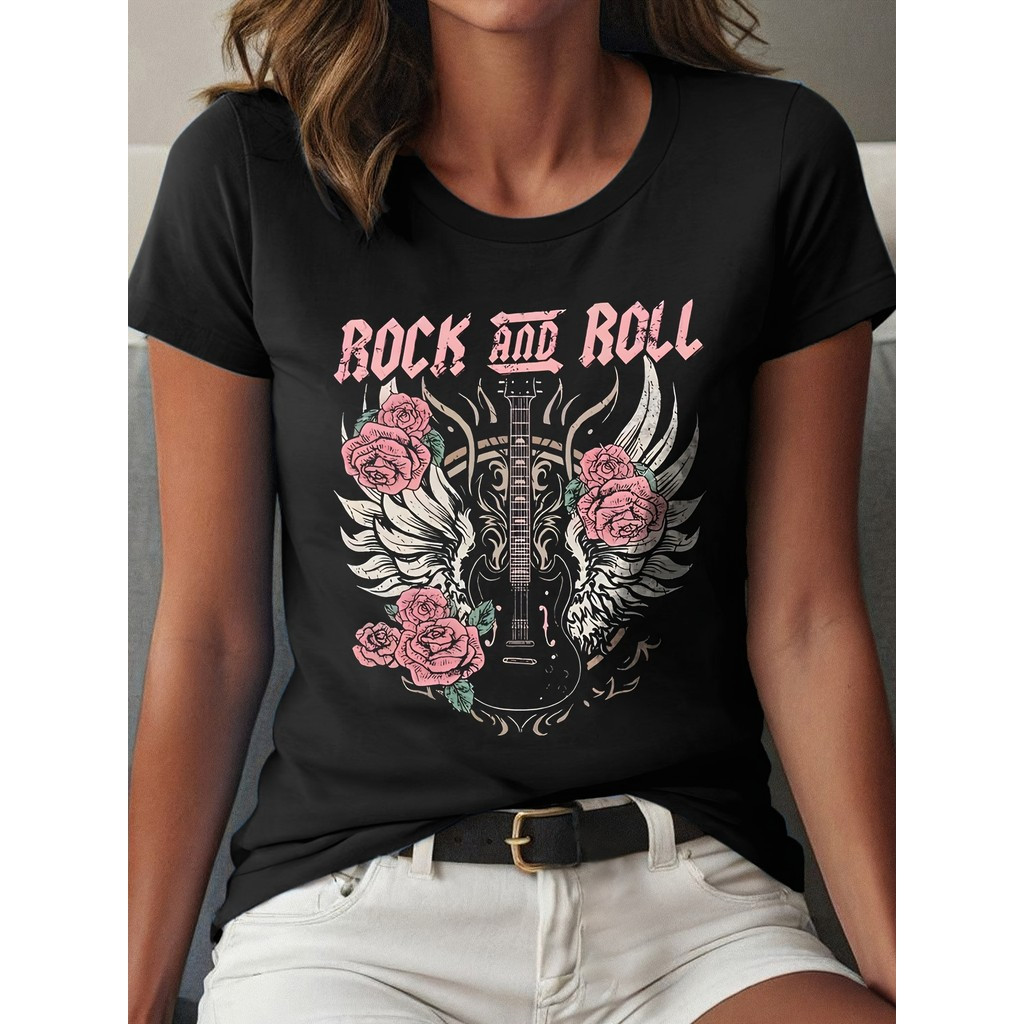 [Camiseta Premium em Algodão Puro]SISI Feminina Plus Size Rock Roll Música Clássica Estilosa Poderosa Confortável Verão