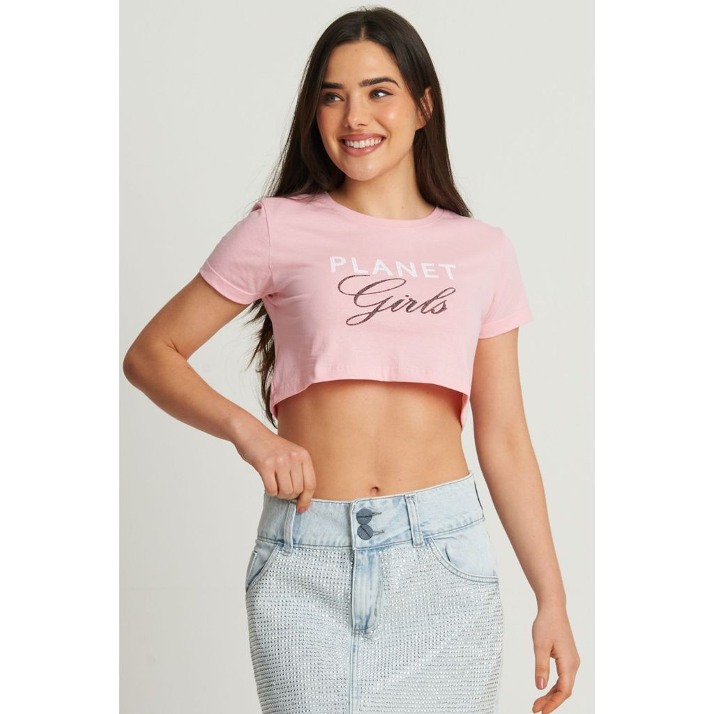 Cropped Feminino Letreiro Planet Girls Rosa Claro