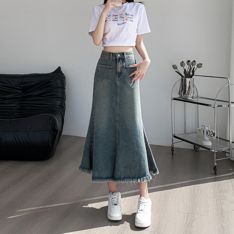Saia jeans feminina saia coberta de quadril saia Midi jeans rabo de peixe alto