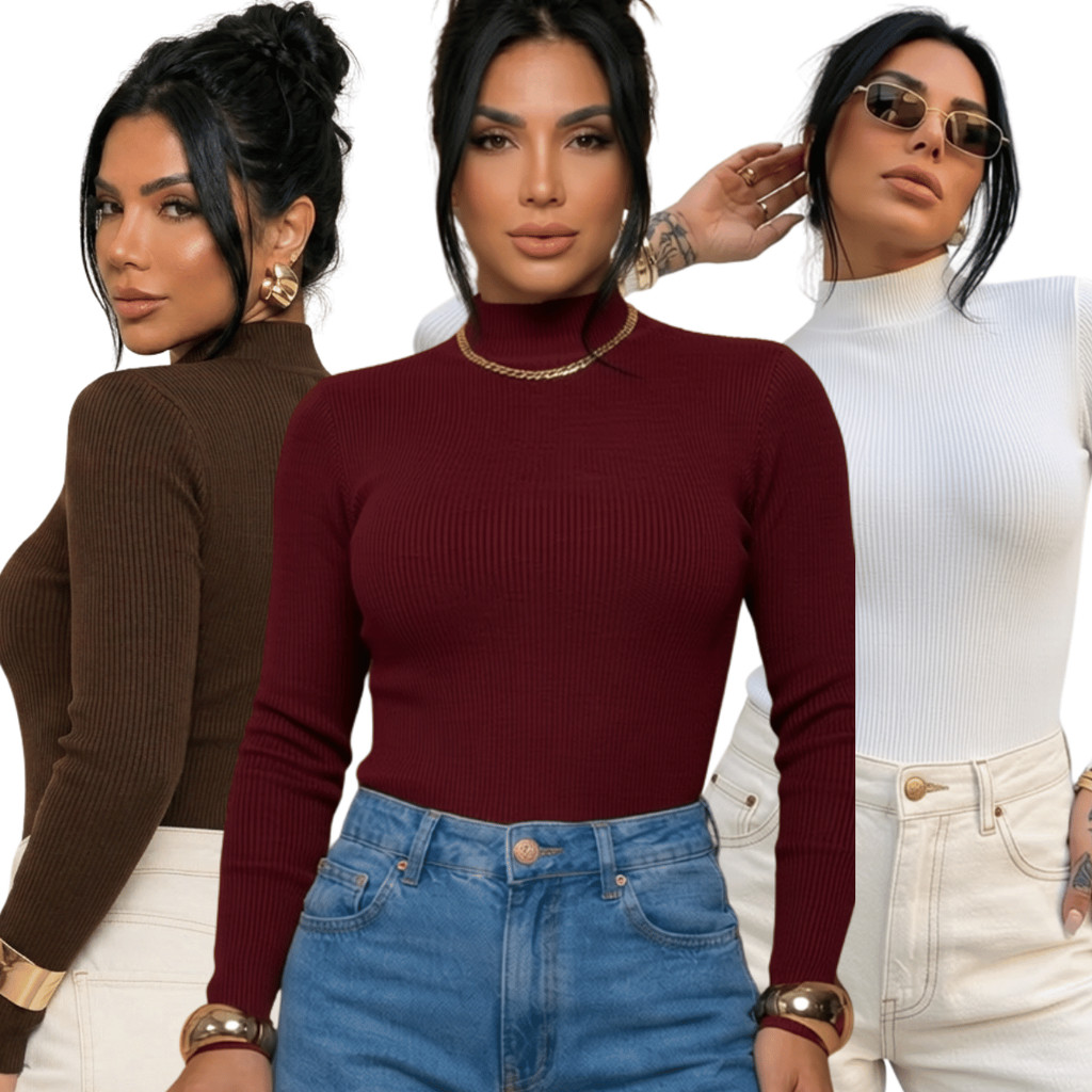 Kit 3 Blusa Feminina Manga Longa Cacharrel Canelada Gola Alta Básica Confortável Moda Inverno Premium