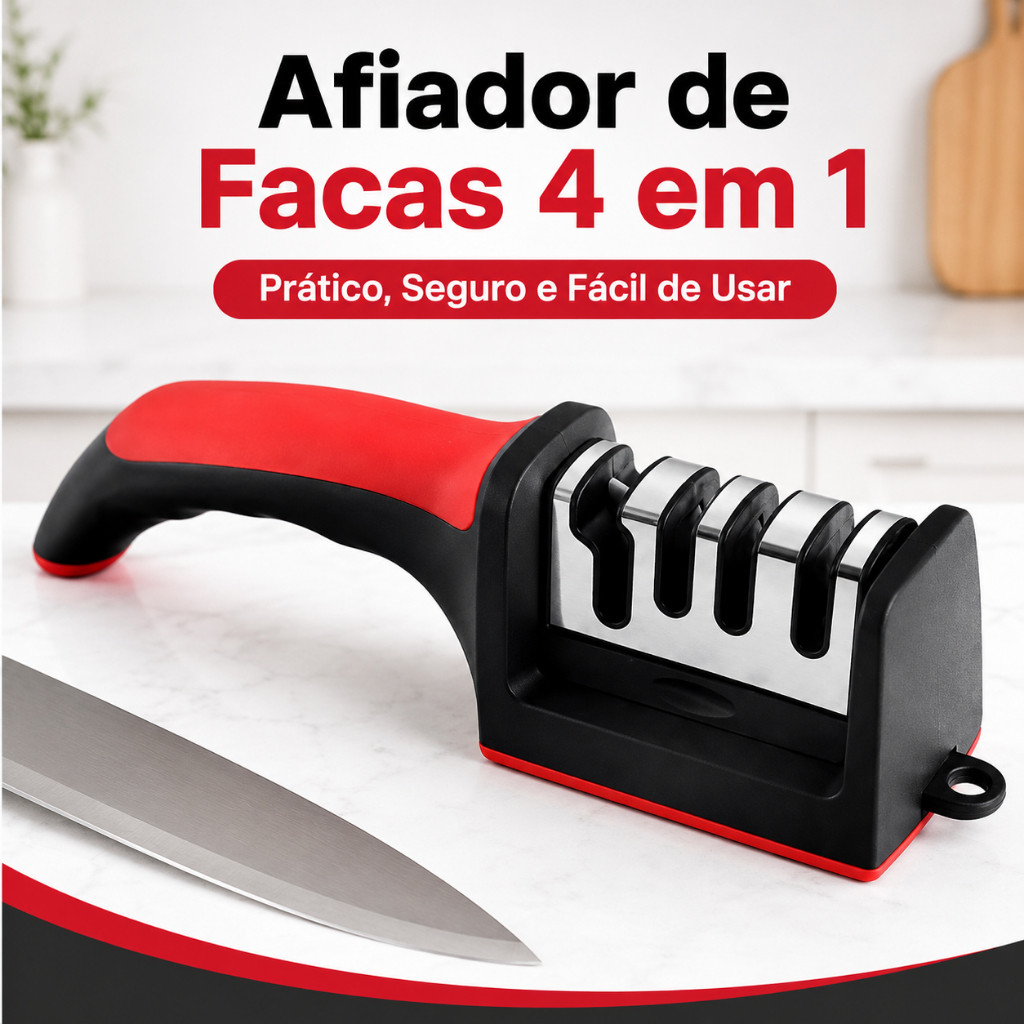 Afiador de Facas 4 em 1 Amolador Manual com Cabo Ergonômico Base Antiderrapante para Cozinha