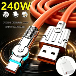 Cabo 240W Turbo Charge Tipo-C Micro USB Lightning V8, Rotativo 180°, Trançado, Carregamento Rápido e 3 Cores Disponíveis