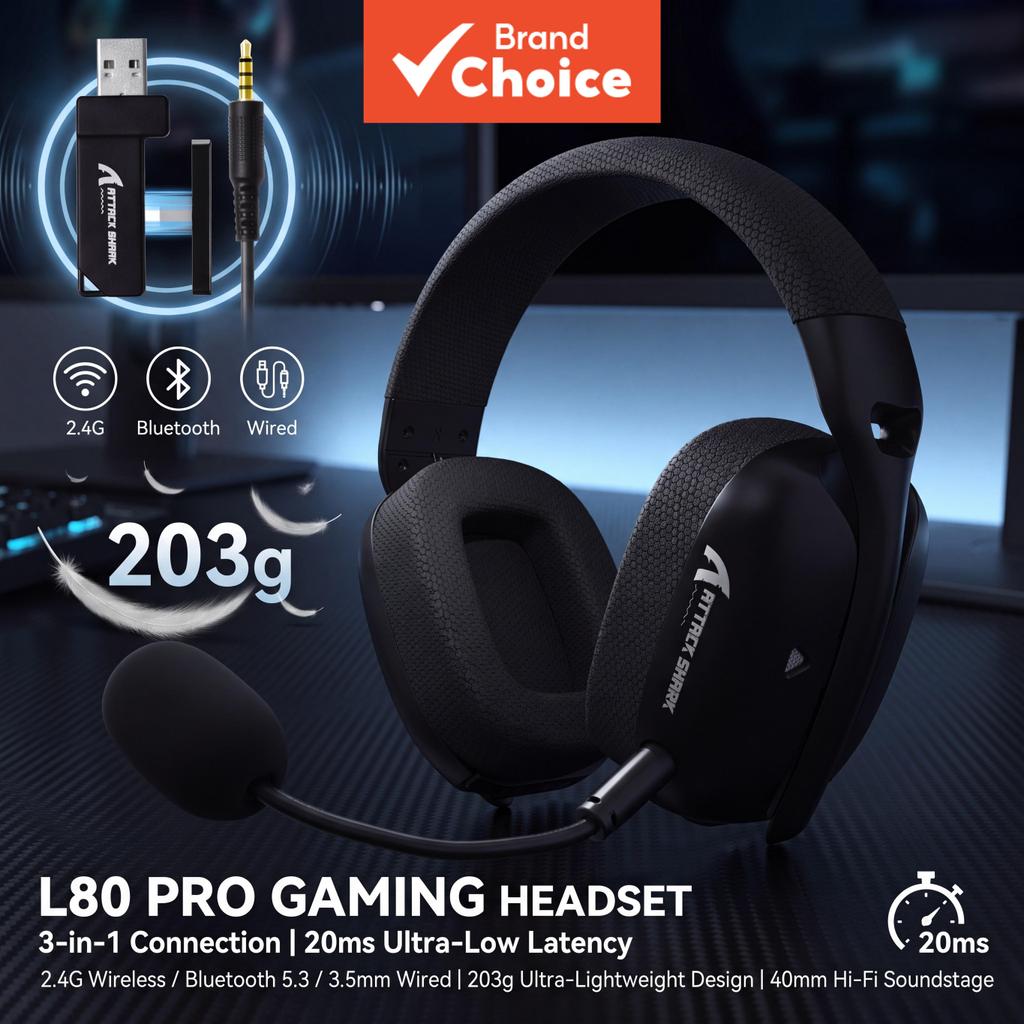 Attack Shark L80PRO Fone De Ouvido Para Jogos 3 Em 1 Lightseed Tecnologia Sem Fio 20ms Ultra-Baixa Latência 40mm Unidade