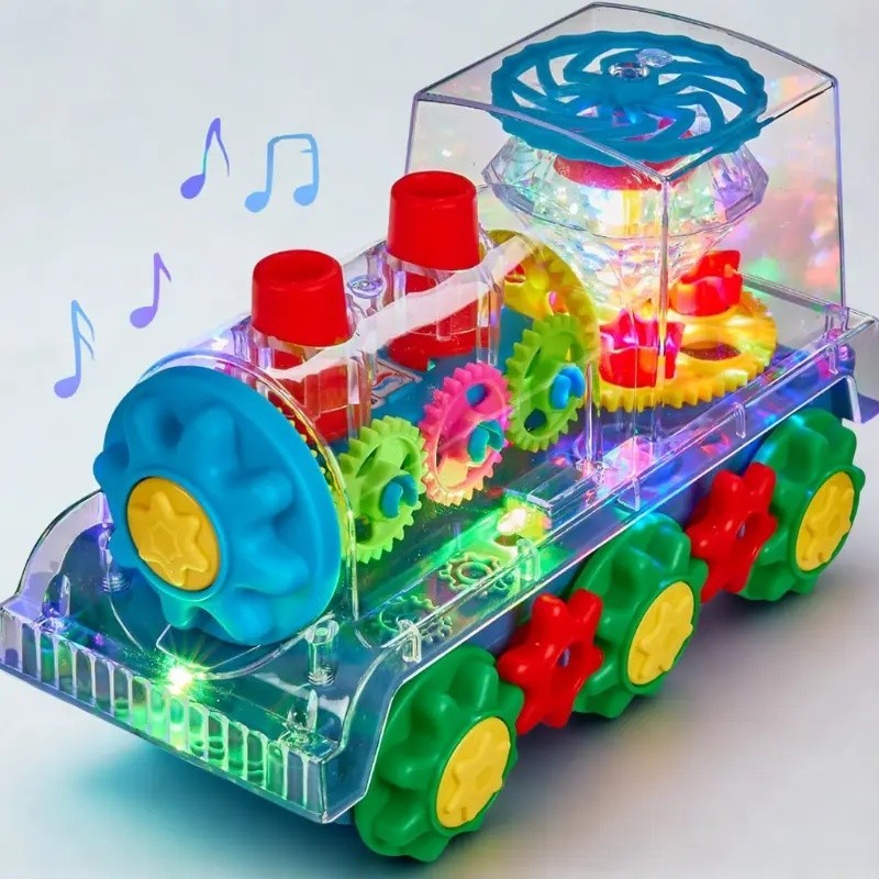 Brinquedo de Trem Interativo Transparente com Luz LED e Som, Brinquedo de Motor Rotativo 360° para Crianças, Brinquedos