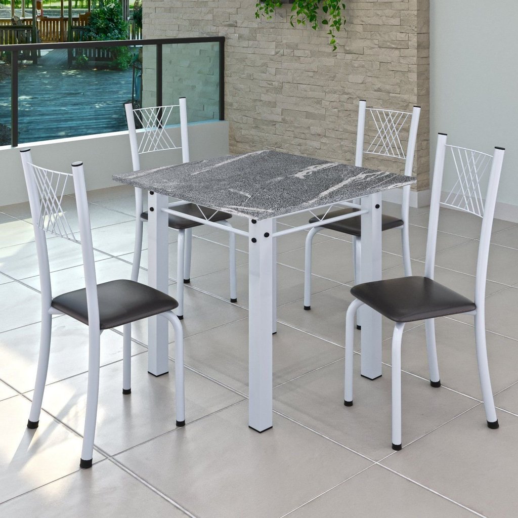 Conjunto de Jantar Mesa 70x70cm Tampo de Granito Topázio com 4 Cadeiras Sara Yescasa Branco/Preto Liso Branco/Preto