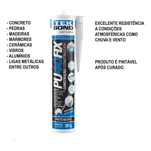 Adesivo Selador Tekbond PU40 Fix Preto 387g Poliuretano Vedante Cola Construção Vidro Tijolo Interior Exterior 280ml — imagem 2 de 2