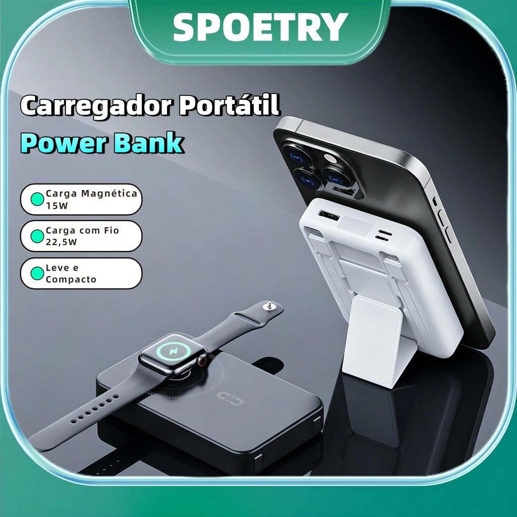Carregador Portátil Power Bank Turbo 20w Bateria 10000mah 22.5w Por indução Magnético Com Suporte