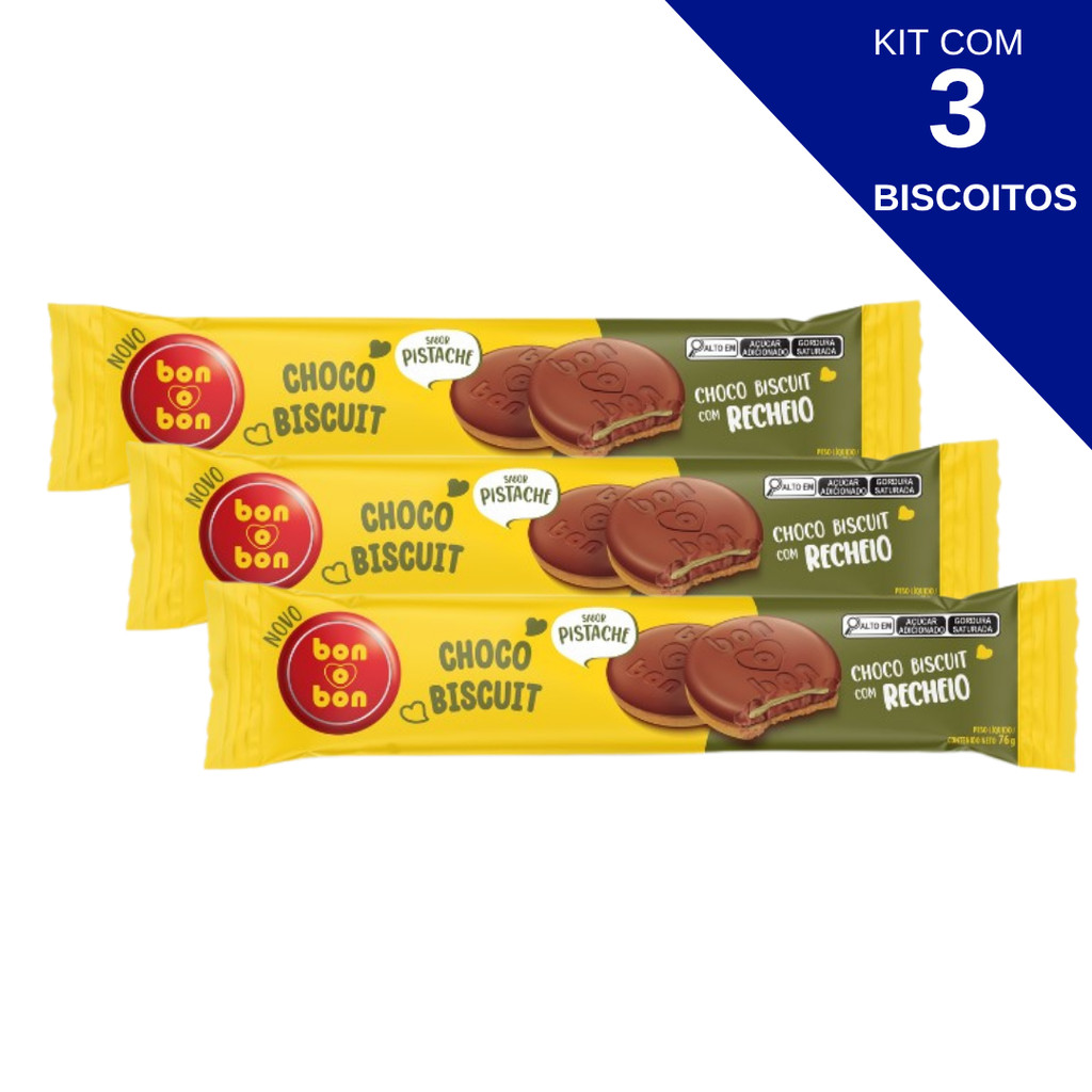 Kit Com 3 Biscoito Bon o Bon Choco Biscuit Pistache Arcor 76g