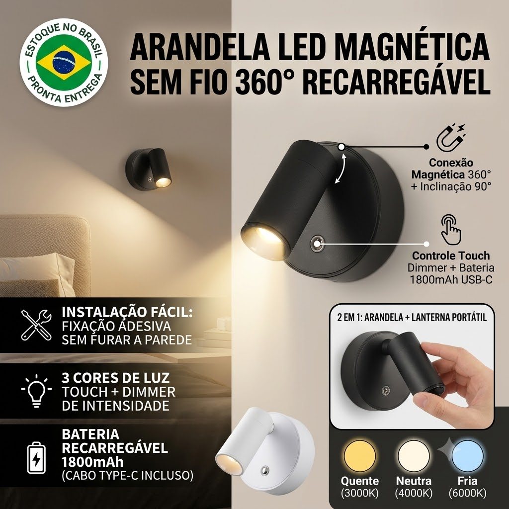 Luminaria LED Magnetica Sem Fio Arandela De Parede Recarregavel USB Touch 360 Abajur Cabeceira Quarto Sem Furo