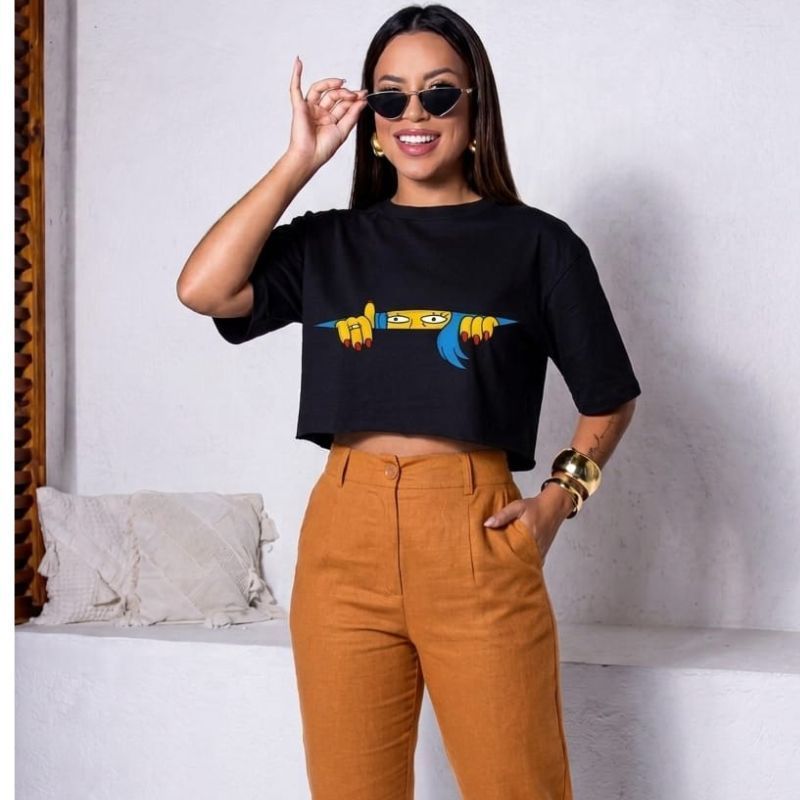 cropped oversized feminino estiloso confortável tecido algodão 30.1 moda verão