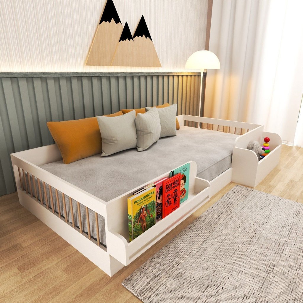 Cama Infantil Montessoriana Solteiro com Revisteiro e Organizador Tamiê Branco Branco