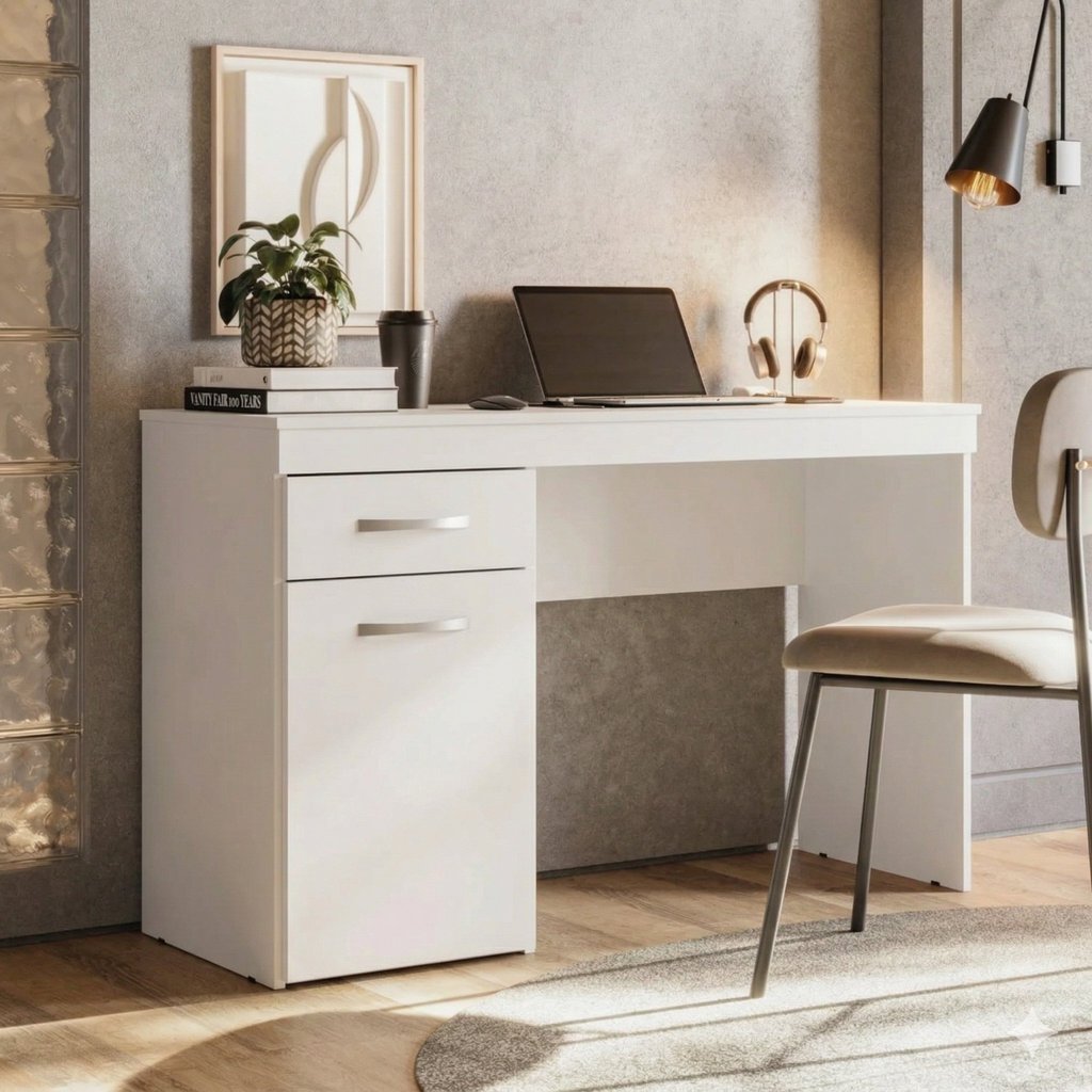 Escrivaninha Mesa Escritório Vitória 1 Gaveta 1 Porta 120cm Branco Branco